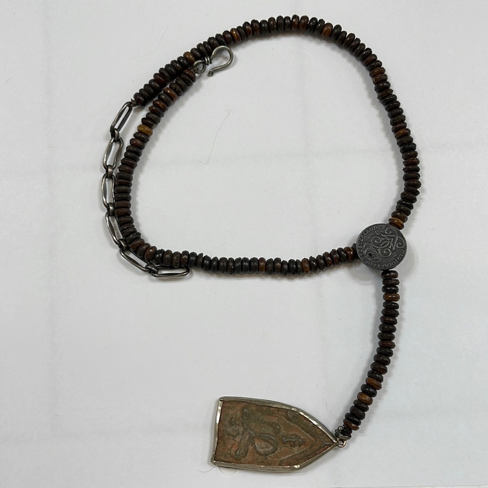Love Heals rosary style necklace with vintage Buddha monk pendant. 16 - 20” neck